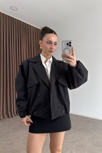 Kruvaze Bomber Model Düğmeli Siyah Ceket