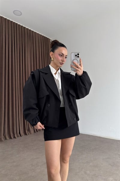 Kruvaze Bomber Model Düğmeli Siyah Ceket