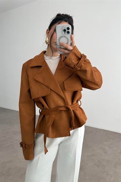 Kruvaze Kemer Detaylı Tarçın Süet Ceket