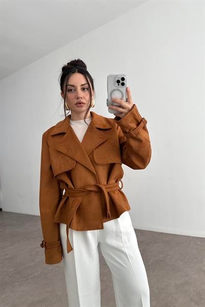 Kruvaze Kemer Detaylı Tarçın Süet Ceket