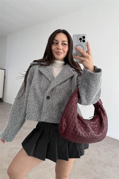 Kruvaze Kırçıllı Yün Soft Gri Ceket