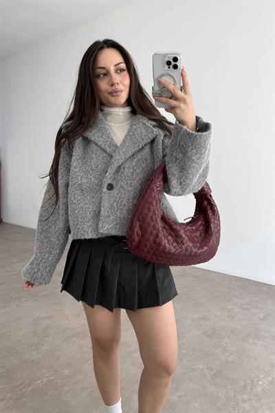 Kruvaze Kırçıllı Yün Soft Gri Ceket