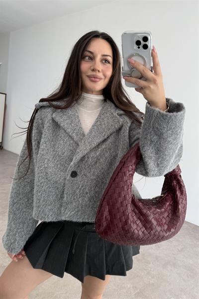 Kruvaze Kırçıllı Yün Soft Gri Ceket