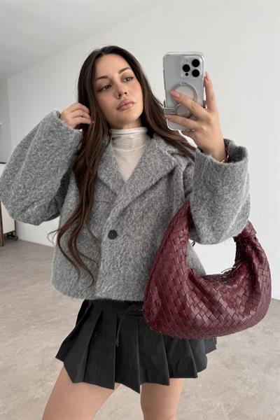 Kruvaze Kırçıllı Yün Soft Gri Ceket