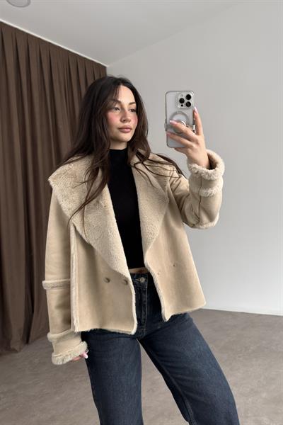 Kruvaze Kürklü Yaka Süet Bej Kaban