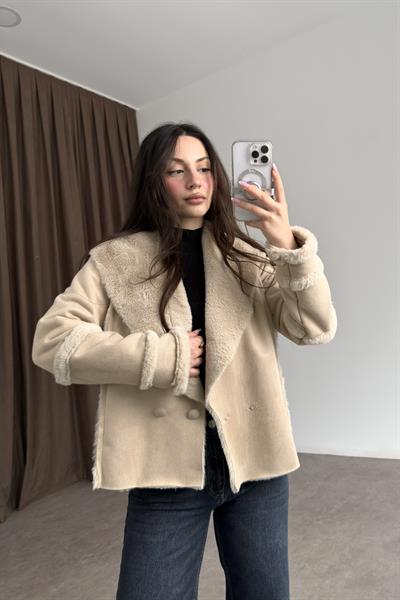 Kruvaze Kürklü Yaka Süet Bej Kaban