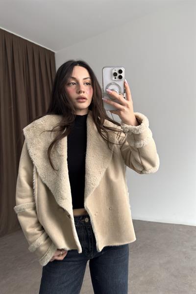Kruvaze Kürklü Yaka Süet Bej Kaban