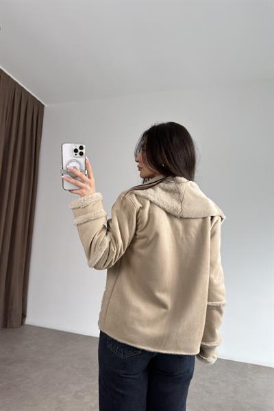 Kruvaze Kürklü Yaka Süet Bej Kaban