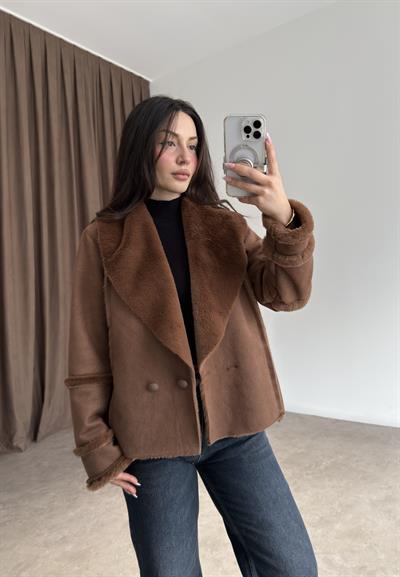 Kruvaze Kürklü Yaka Süet Kahve Kaban