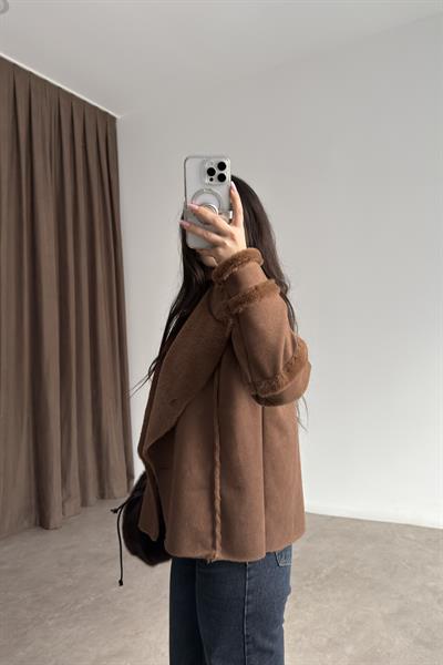 Kruvaze Kürklü Yaka Süet Kahve Kaban