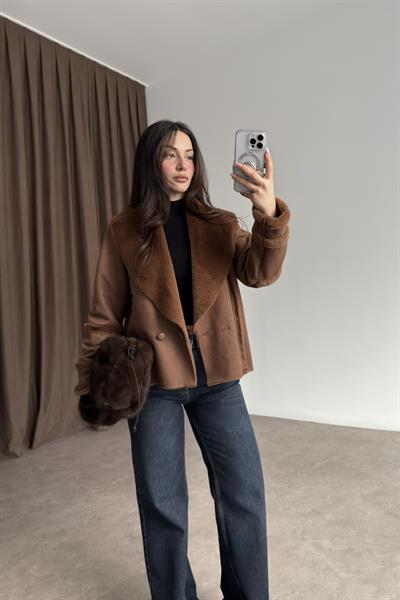 Kruvaze Kürklü Yaka Süet Kahve Kaban