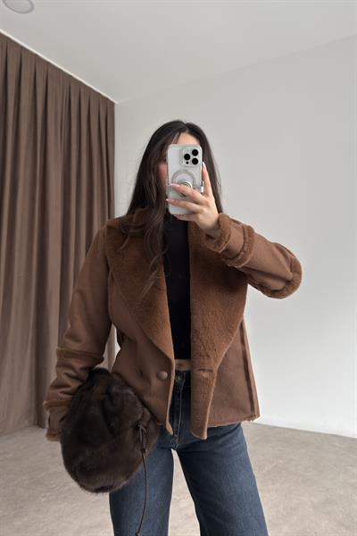 Kruvaze Kürklü Yaka Süet Kahve Kaban