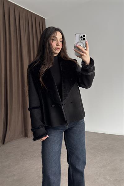 Kruvaze Kürklü Yaka Süet Siyah Kaban