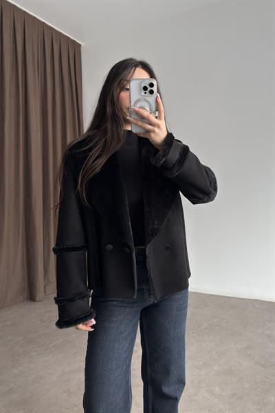 Kruvaze Kürklü Yaka Süet Siyah Kaban