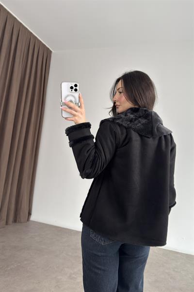 Kruvaze Kürklü Yaka Süet Siyah Kaban