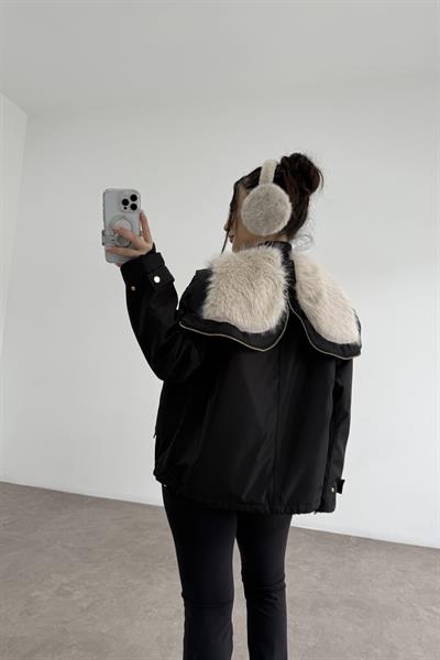 Fermuarlı Kürk Kapüşonlu Siyah Mont