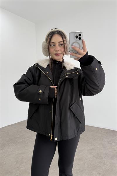 Fermuarlı Kürk Kapüşonlu Siyah Mont