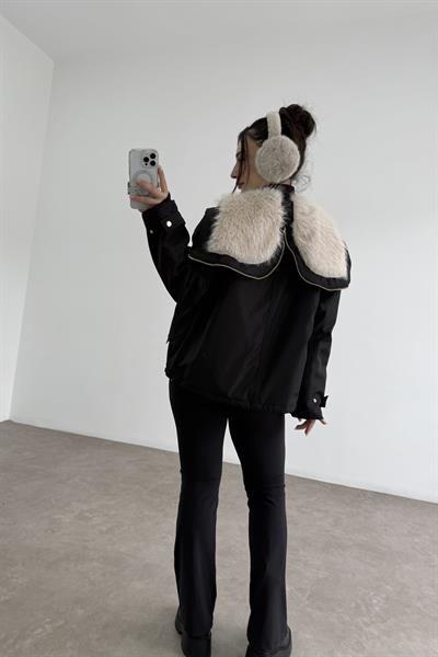 Fermuarlı Kürk Kapüşonlu Siyah Mont