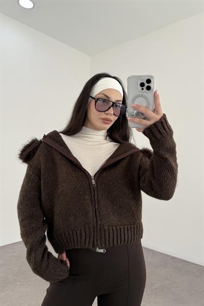 Kürklü Kapüşonlu  Fermuarlı Kahve Hırka 