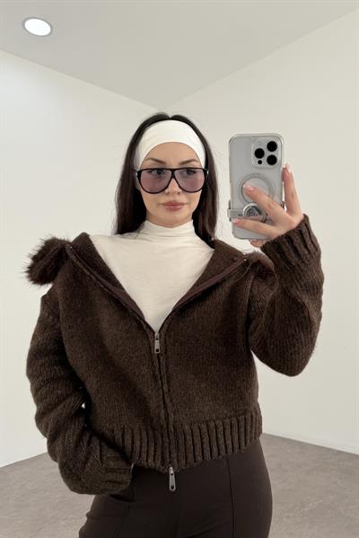 Kürklü Kapüşonlu  Fermuarlı Kahve Hırka 