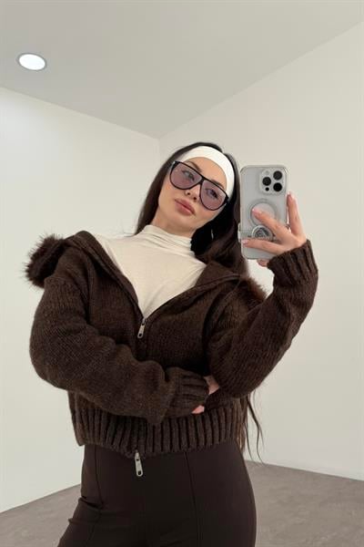 Kürklü Kapüşonlu  Fermuarlı Kahve Hırka 