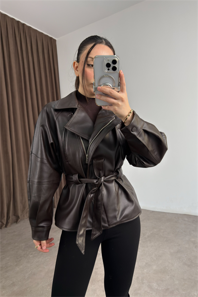 Kuşaklı Kruvaze Kahve Deri Ceket