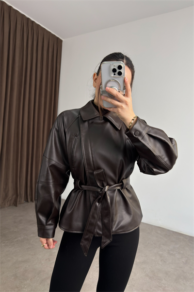 Kuşaklı Kruvaze Kahve Deri Ceket