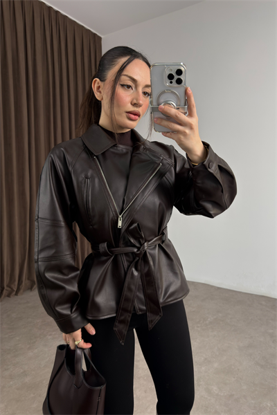 Kuşaklı Kruvaze Kahve Deri Ceket