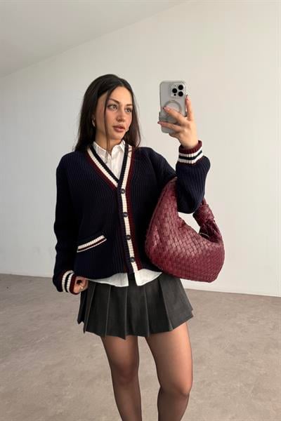 Lacivert Bordo Çizgili Cep Detaylı Hırka