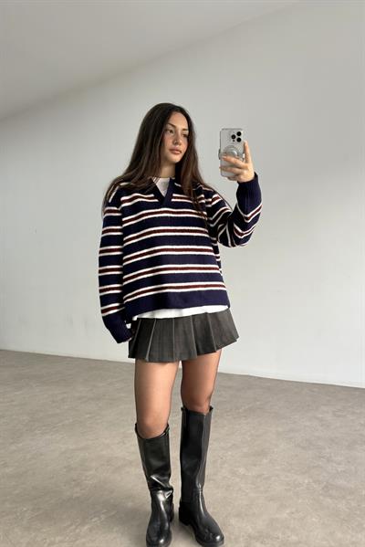 Lacivert Bordo Çizgili Polo Yakalı Kazak