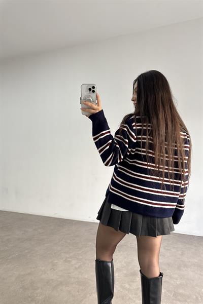 Lacivert Bordo Çizgili Polo Yakalı Kazak