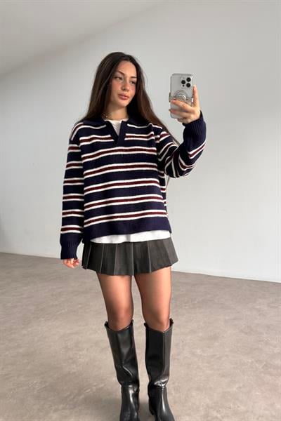 Lacivert Bordo Çizgili Polo Yakalı Kazak