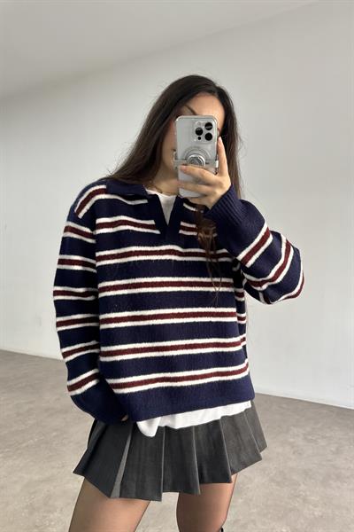 Lacivert Bordo Çizgili Polo Yakalı Kazak