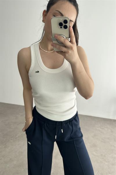 LCST Fitilli Bisiklet Yaka Kolsuz T-shirt Beyaz