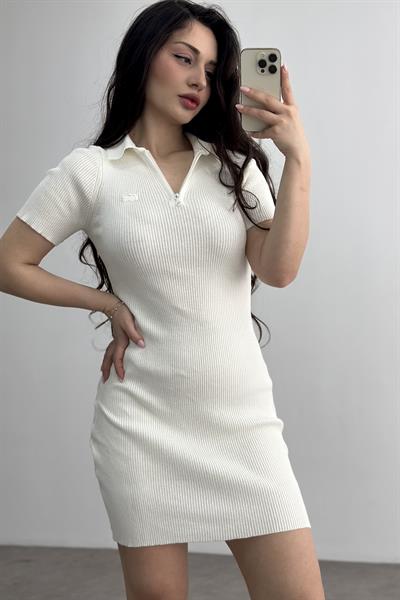 Lcst Fitilli Polo Yaka Elbise Beyaz