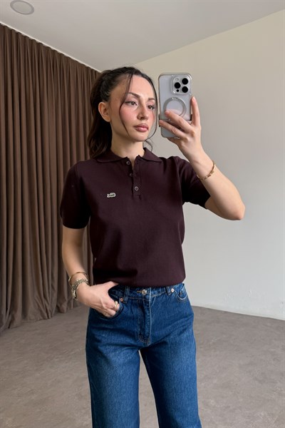 Lcst Kaşmir Dokulu Polo Yaka Kısa Kollu Kahve Üst