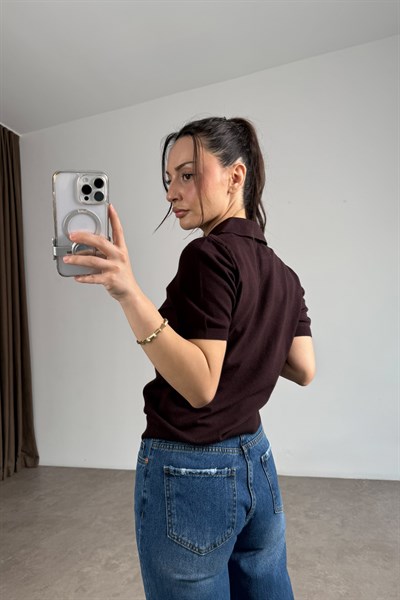 Lcst Kaşmir Dokulu Polo Yaka Kısa Kollu Kahve Üst