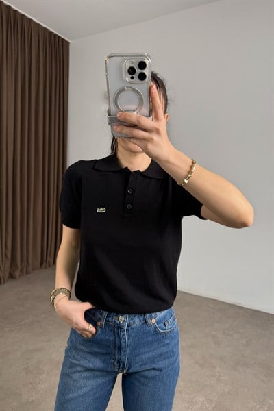 Lcst Kaşmir Dokulu Polo Yaka Kısa Kollu Siyah Üst 