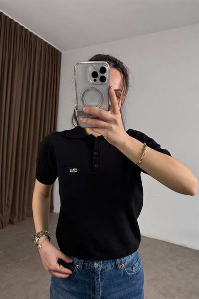 Lcst Kaşmir Dokulu Polo Yaka Kısa Kollu Siyah Üst 