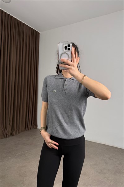 Lcst Kaşmir Dokulu Polo Yaka Kısa Kollu Gri Üst