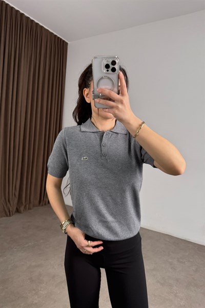 Lcst Kaşmir Dokulu Polo Yaka Kısa Kollu Gri Üst