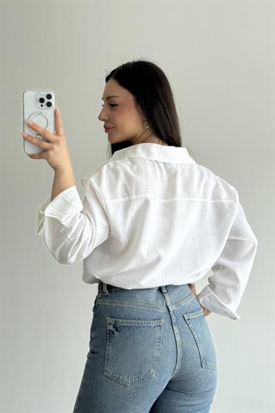 Lcst Keten Düz Kesim Beyaz Gömlek