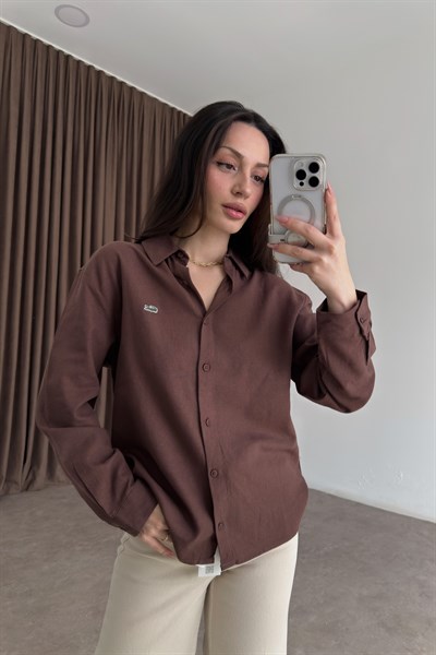 Lcst Keten Düz Kesim Kahve Gömlek