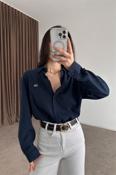 Lcst Keten Düz Kesim Lacivert Gömlek