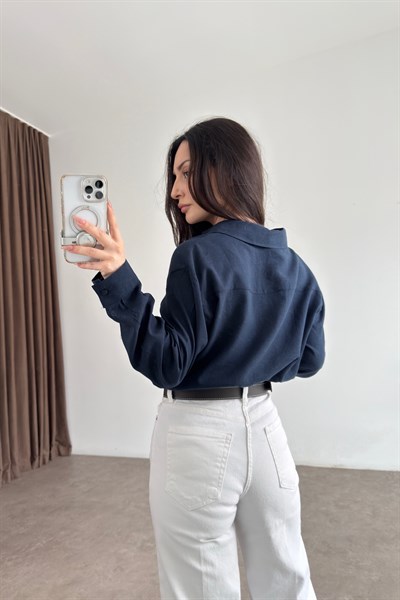 Lcst Keten Düz Kesim Lacivert Gömlek