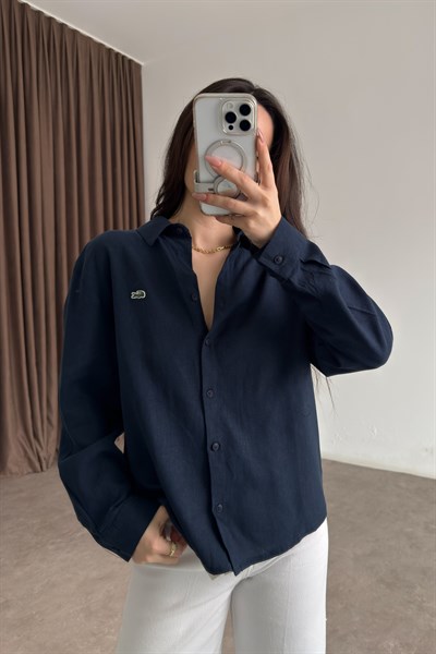 Lcst Keten Düz Kesim Lacivert Gömlek