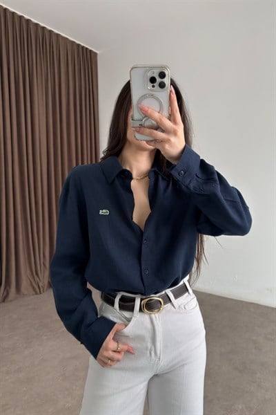 Lcst Keten Düz Kesim Lacivert Gömlek