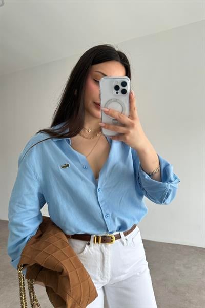 Lcst Keten Düz Kesim Mavi Gömlek