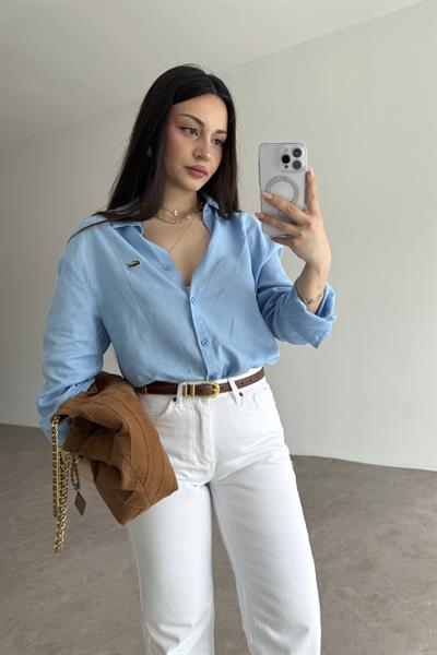 Lcst Keten Düz Kesim Mavi Gömlek