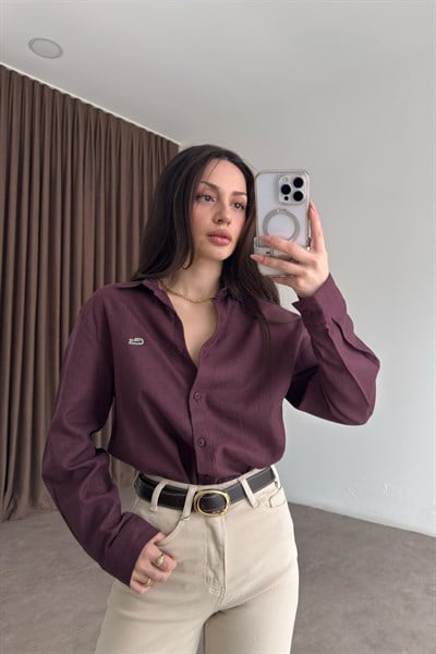 Lcst Keten Düz Kesim Mürdüm Gömlek